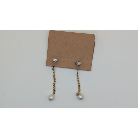 Vintage Gold Tone Chain Drop Faux Pearl Screw Back Clip-On Earrings - Picture 2 of 2